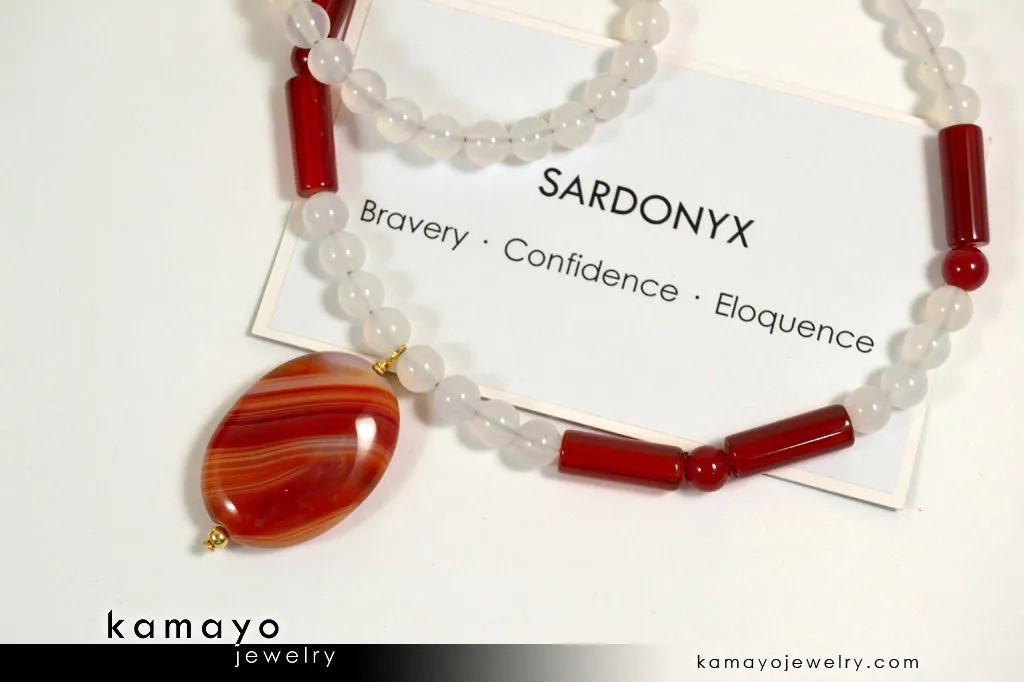 SARDONYX NECKLACE - Oval Red Sardonyx Pendant and White Onyx Beads