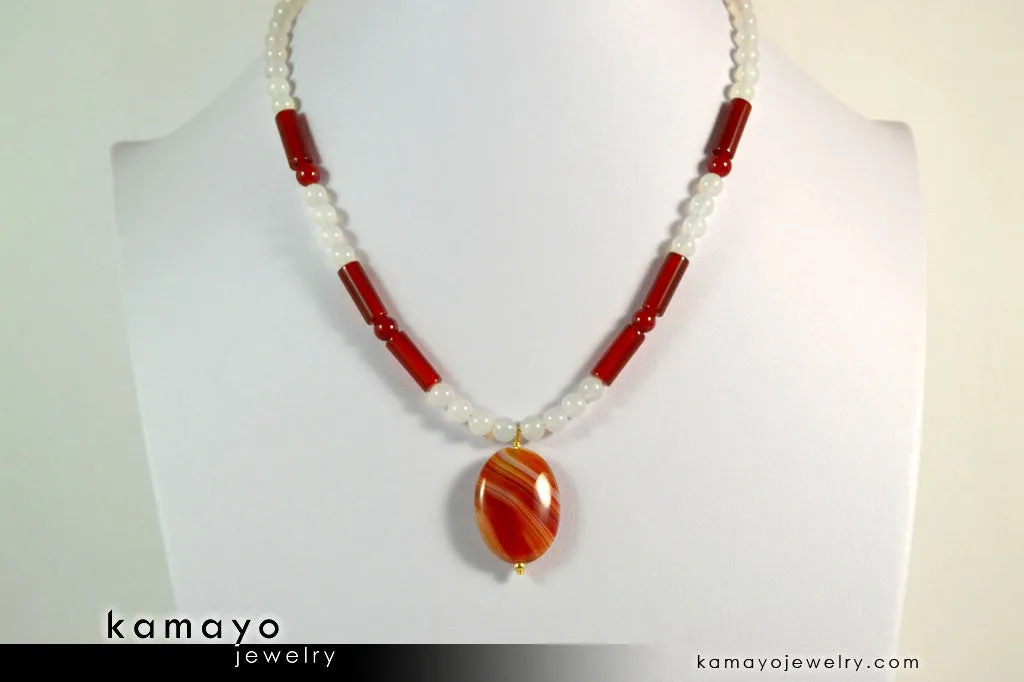 SARDONYX NECKLACE - Oval Red Sardonyx Pendant and White Onyx Beads