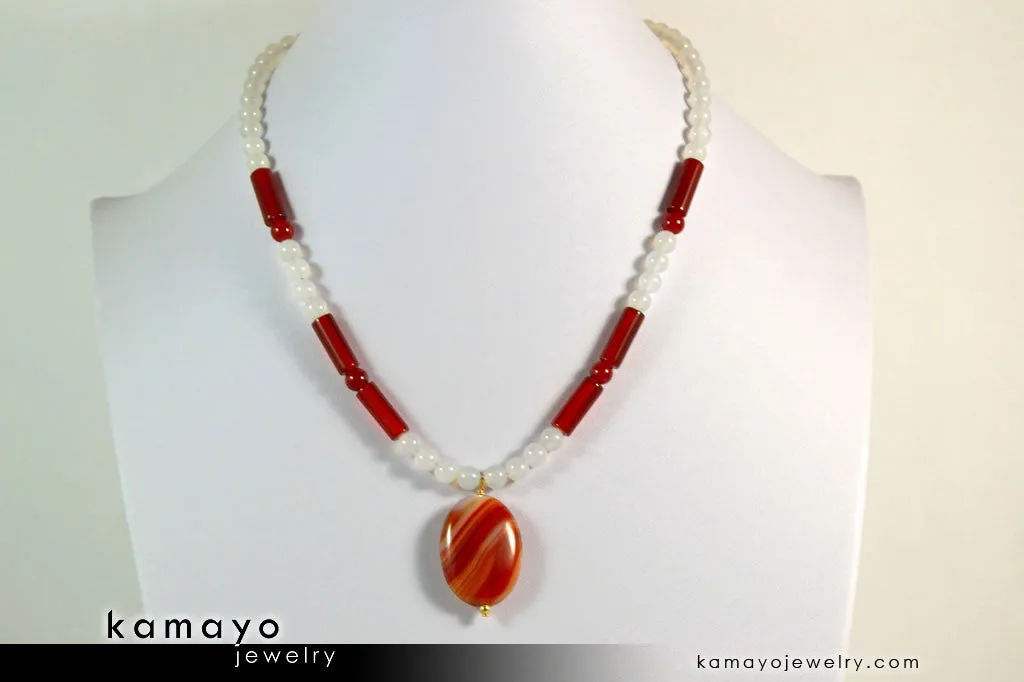 SARDONYX NECKLACE - Oval Red Sardonyx Pendant and White Onyx Beads