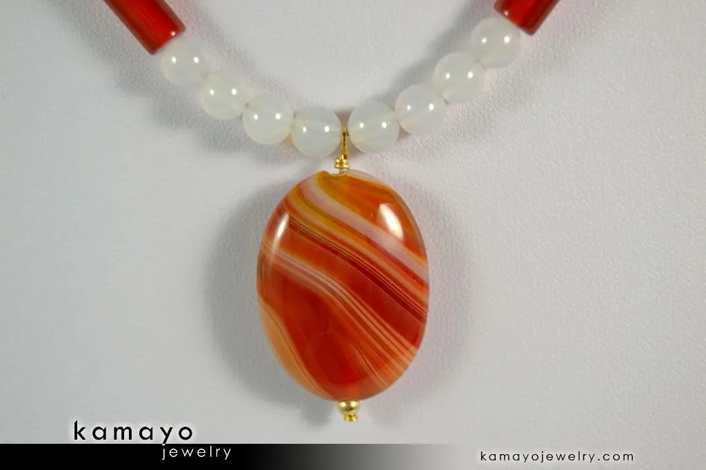 SARDONYX NECKLACE - Oval Red Sardonyx Pendant and White Onyx Beads