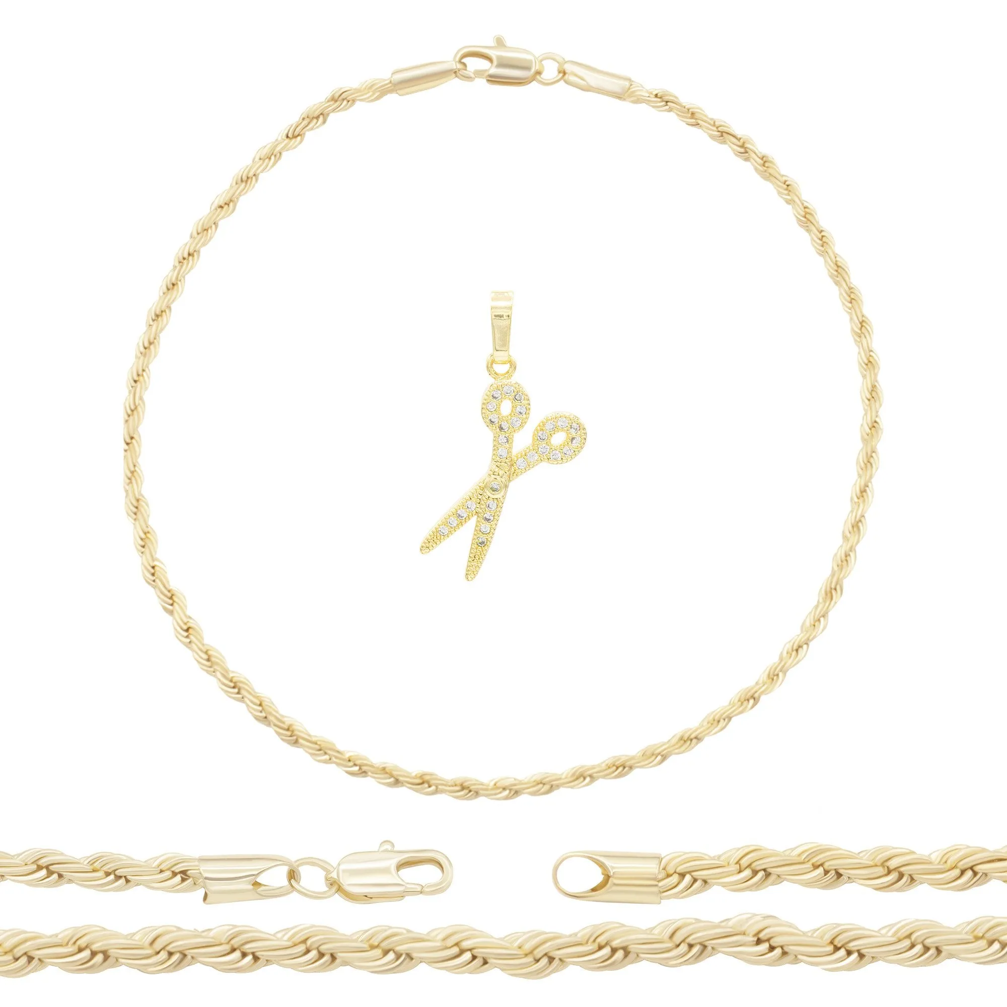 Scissors Pendant 14K Anklet Gold Filled Cubic Zirconia Charm Rope Chain Set 10" Women Jewelry