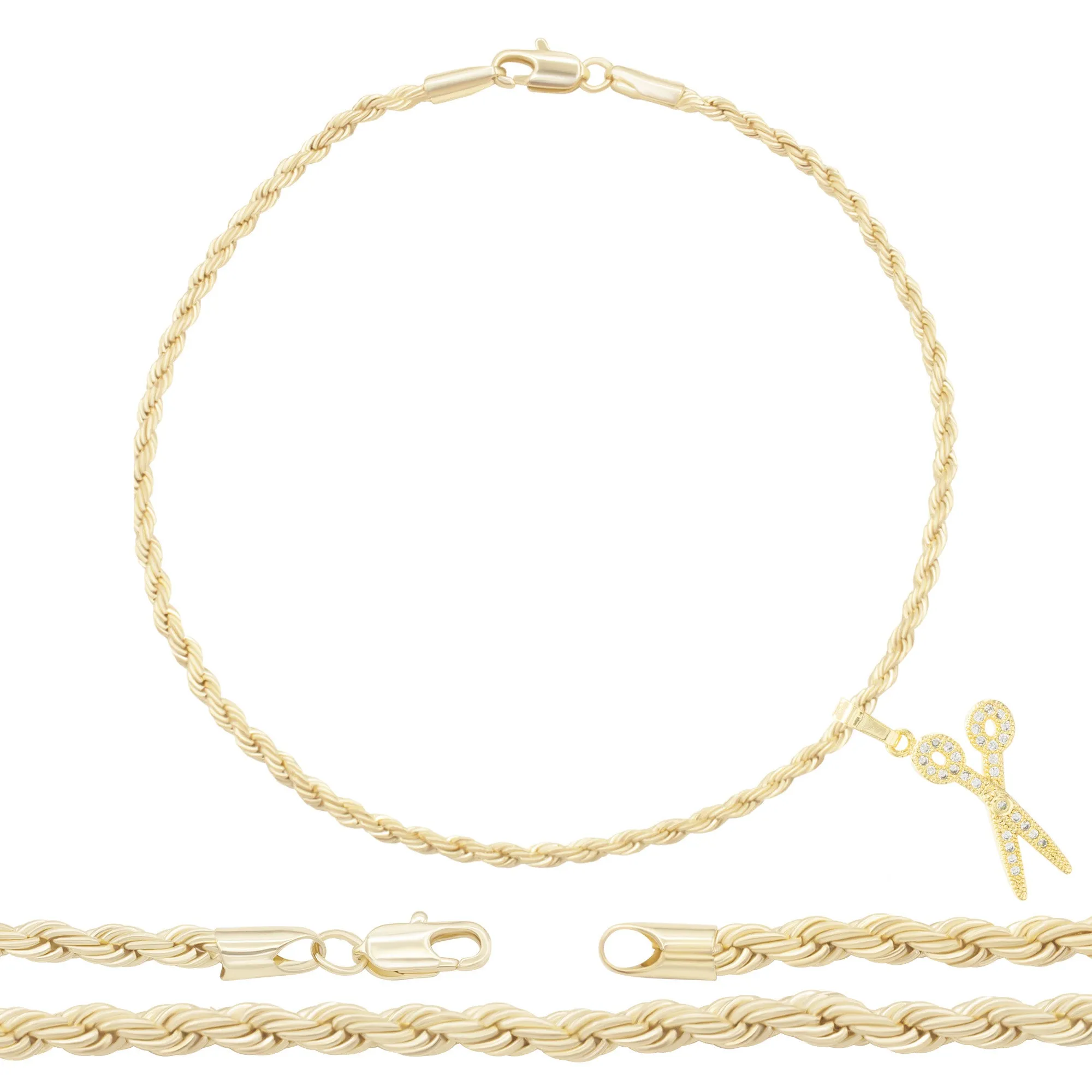 Scissors Pendant 14K Anklet Gold Filled Cubic Zirconia Charm Rope Chain Set 10" Women Jewelry