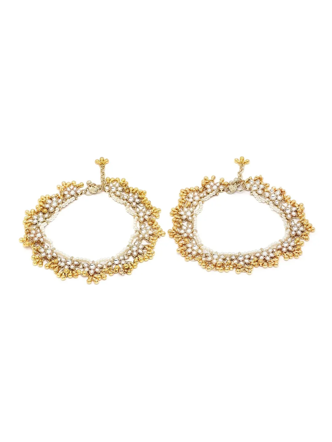 Set Of 2 Gold-Plated White Kundan-Studded Anklets