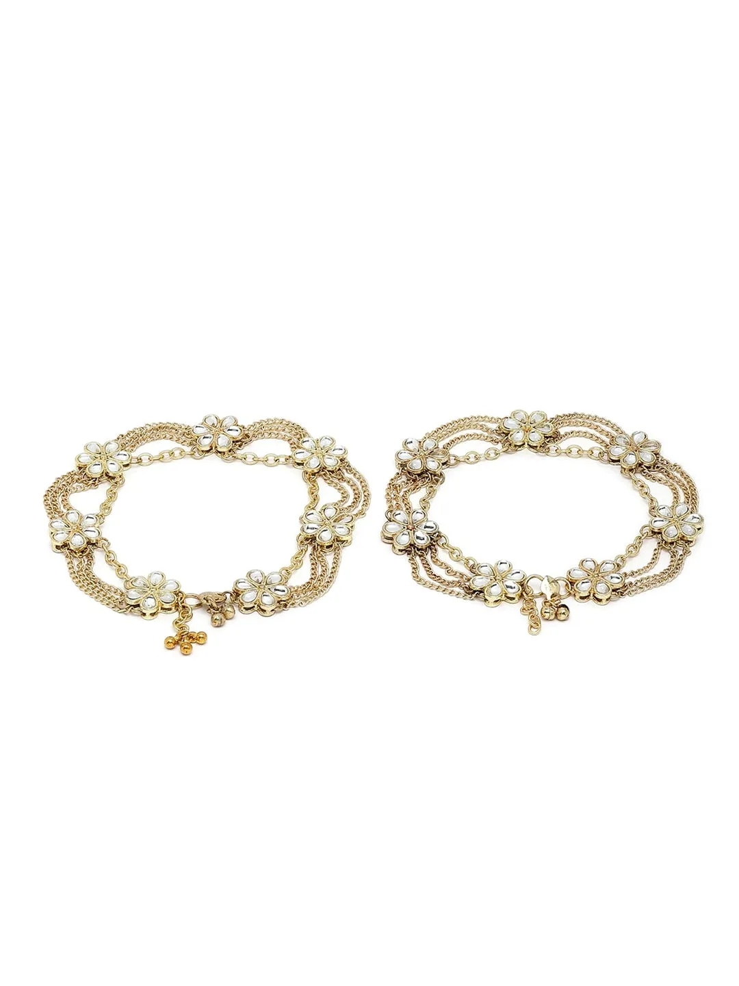 Set Of 2 Gold-Plated White Kundan-Studded Anklets