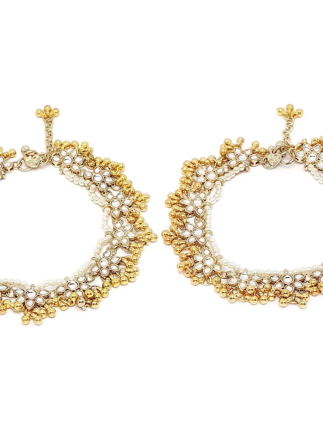 Set Of 2 Gold-Plated White Kundan-Studded Anklets
