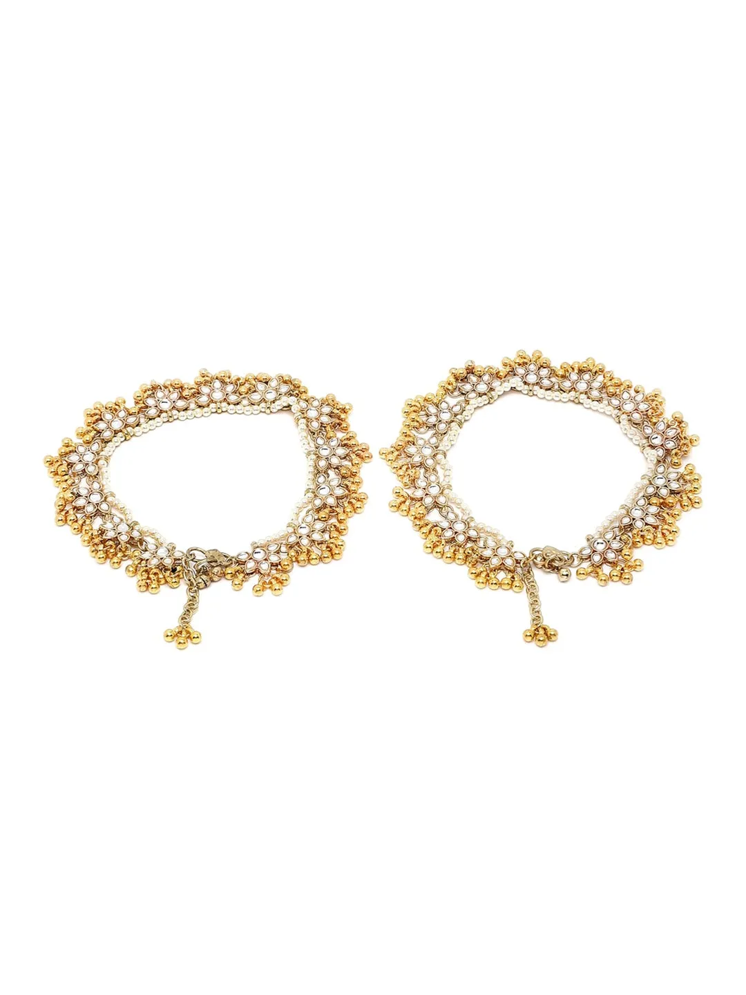 Set Of 2 Gold-Plated White Kundan-Studded Anklets