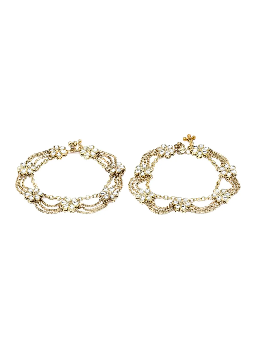 Set Of 2 Gold-Plated White Kundan-Studded Anklets