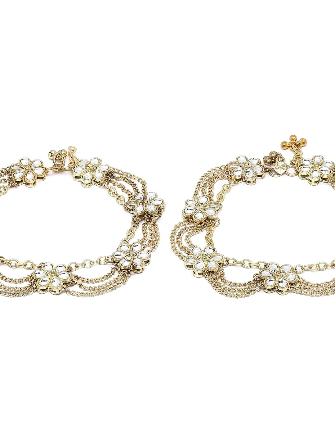 Set Of 2 Gold-Plated White Kundan-Studded Anklets