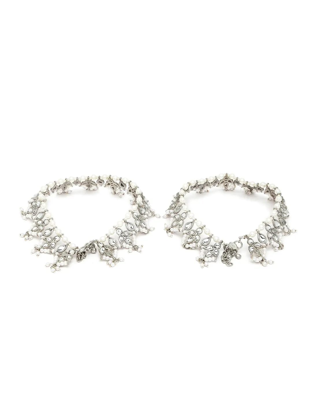 Set Of 2 Oxidized Silver-Plated & Kundan-Studded Anklet