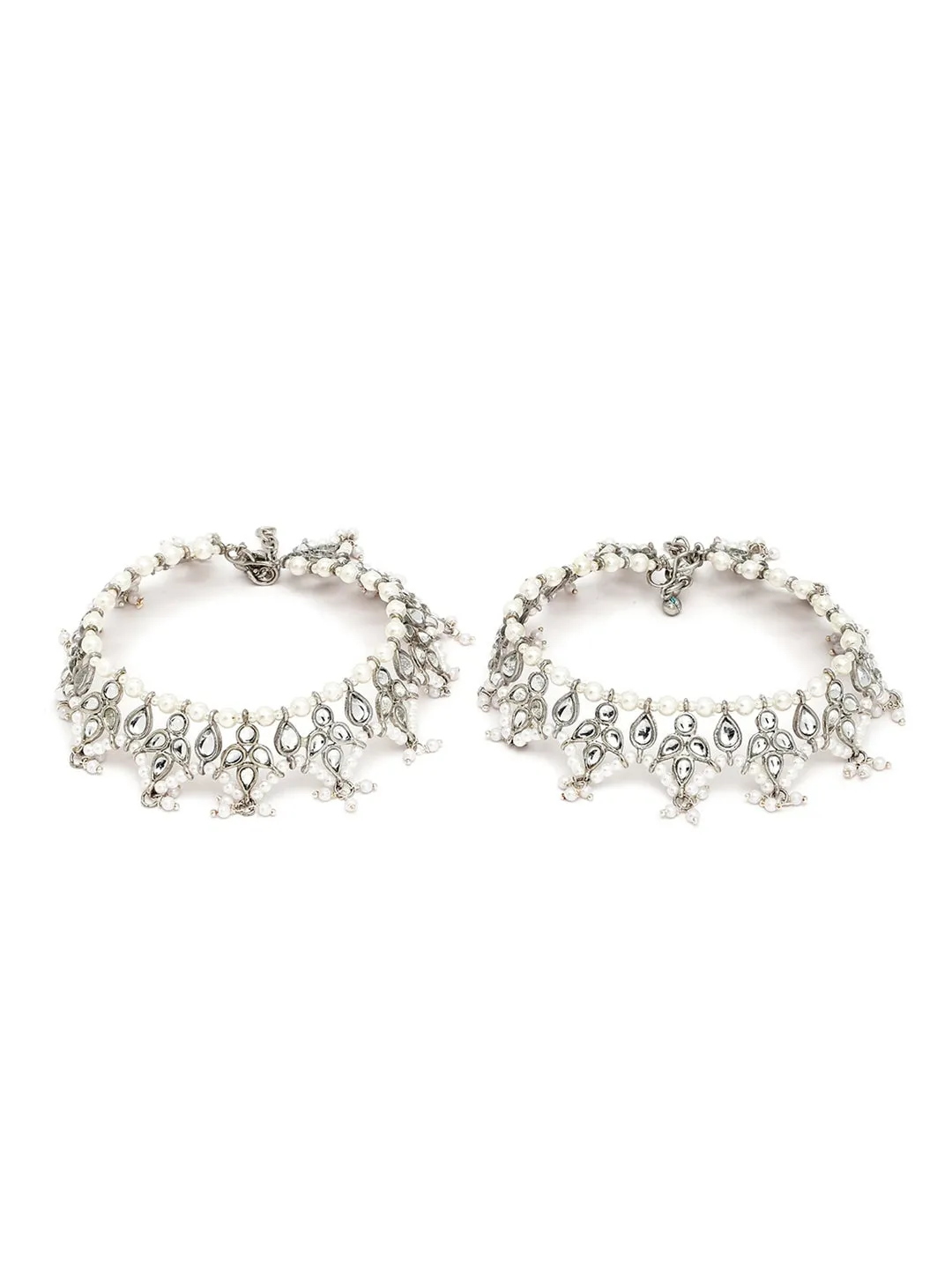 Set Of 2 Oxidized Silver-Plated & Kundan-Studded Anklet