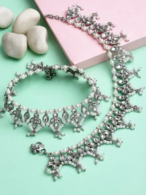 Set Of 2 Oxidized Silver-Plated & Kundan-Studded Anklet