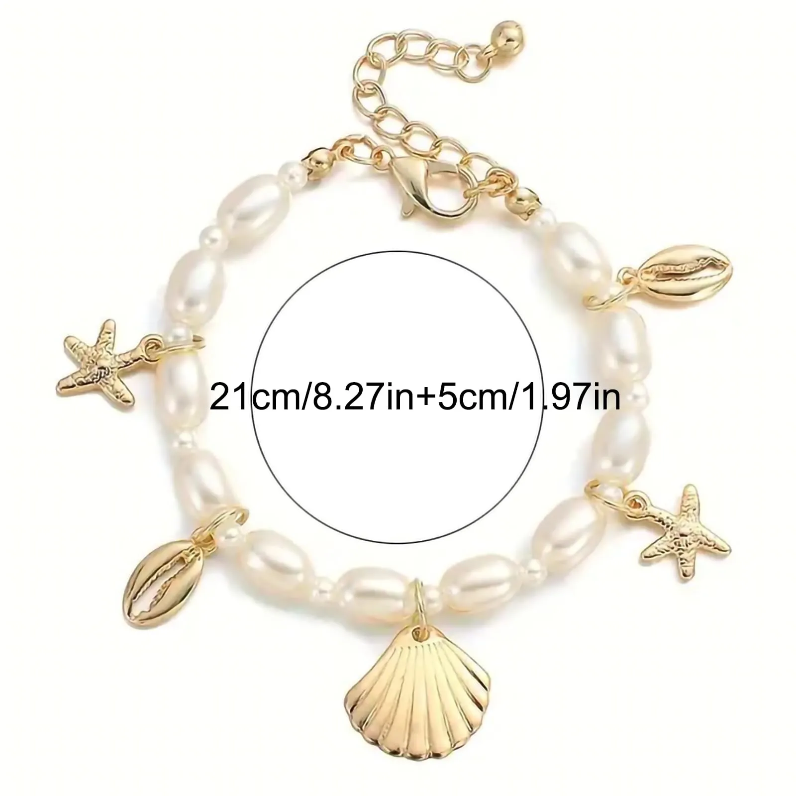 Shell Ankle Bracelet Set for Women, 14K Gold Boho Bead Adjustable Anklet, Hawaiian Beach Seashell Pearl Heart Starfish Conch Foot Jewelry Gifts