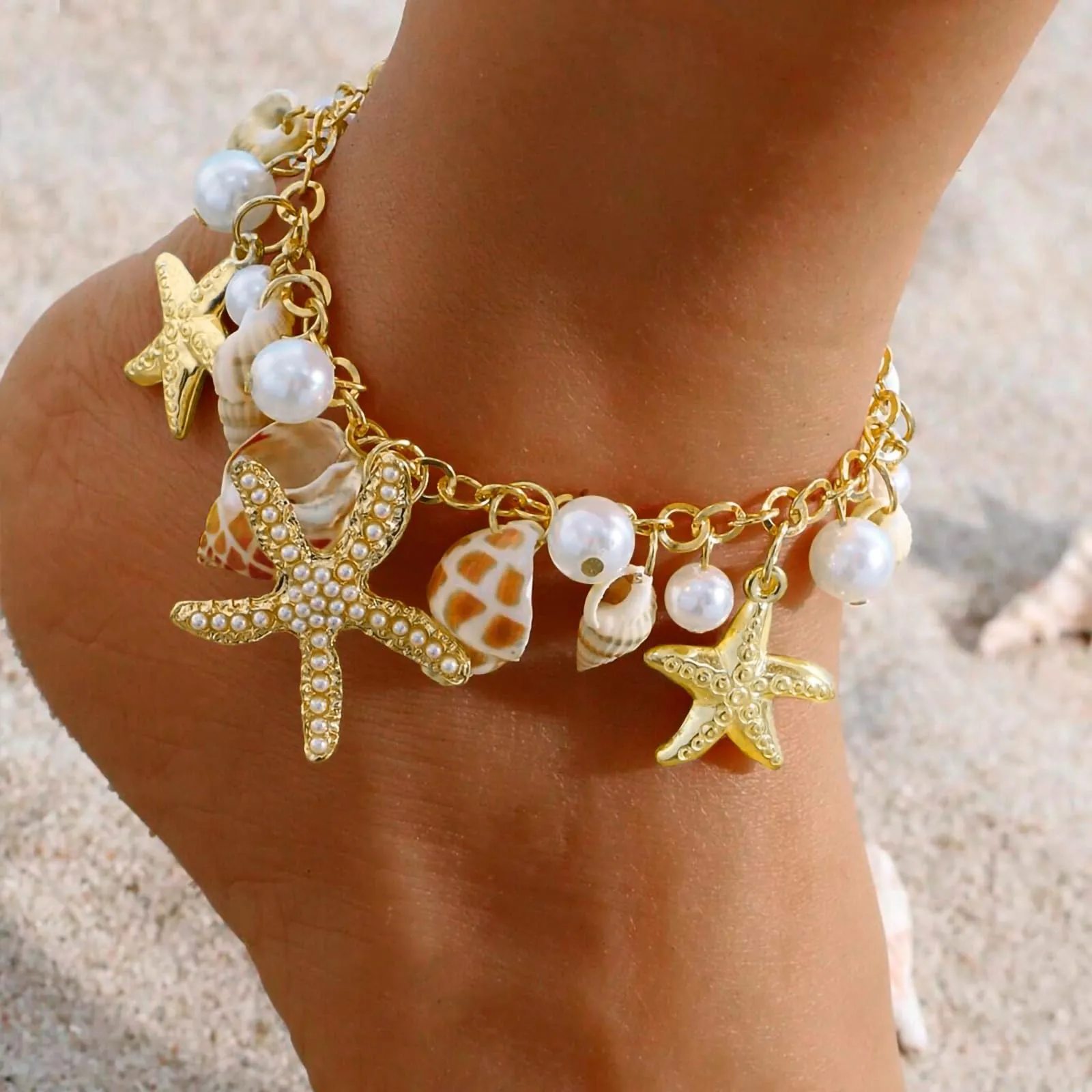 Shell Ankle Bracelet Set for Women, 14K Gold Boho Bead Adjustable Anklet, Hawaiian Beach Seashell Pearl Heart Starfish Conch Foot Jewelry Gifts