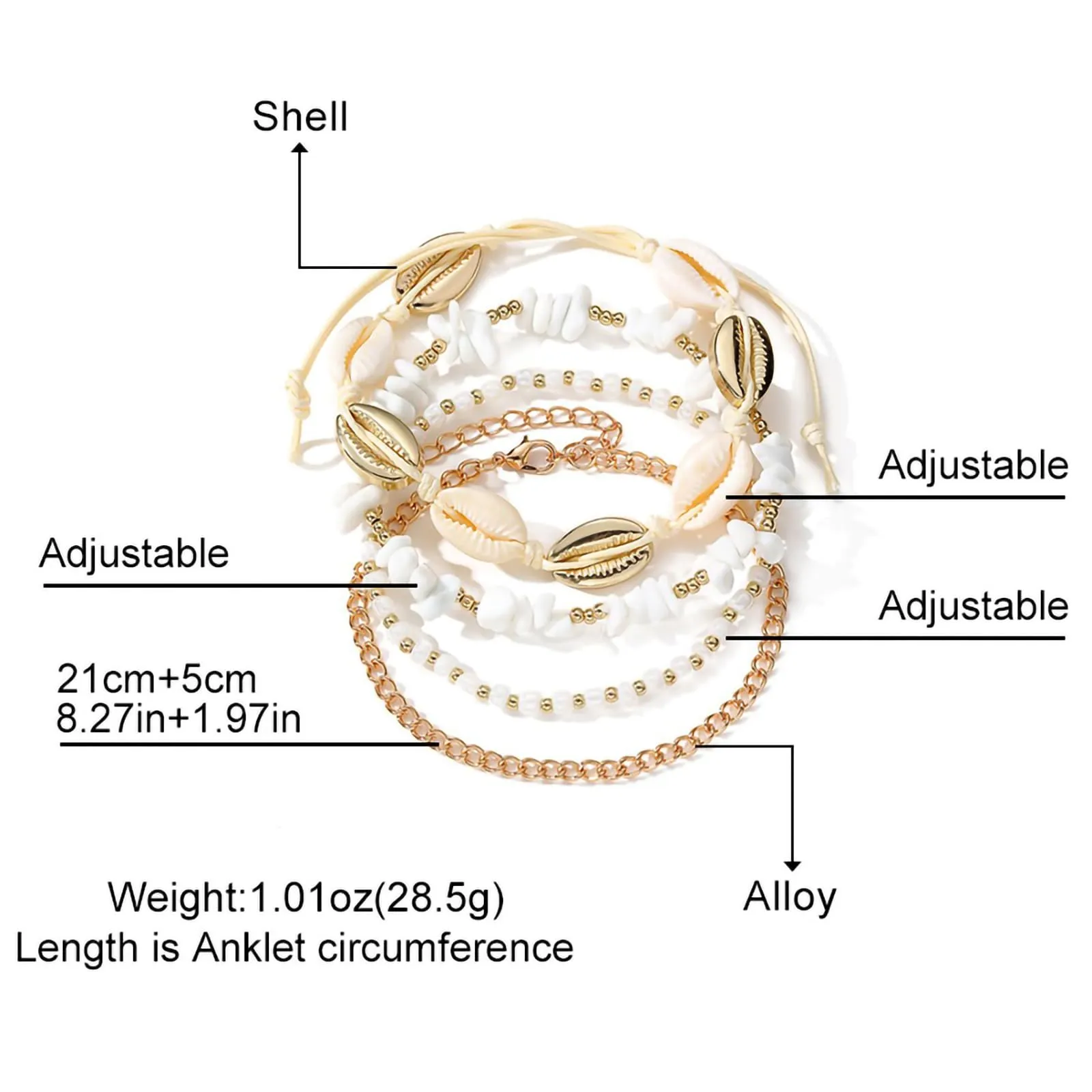 Shell Ankle Bracelet Set for Women, 14K Gold Boho Bead Adjustable Anklet, Hawaiian Beach Seashell Pearl Heart Starfish Conch Foot Jewelry Gifts