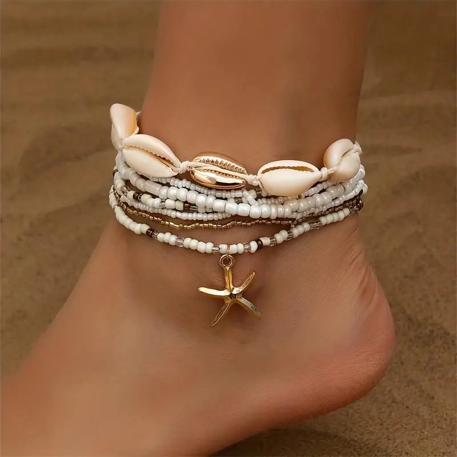 Shell Ankle Bracelet Set for Women, 14K Gold Boho Bead Adjustable Anklet, Hawaiian Beach Seashell Pearl Heart Starfish Conch Foot Jewelry Gifts