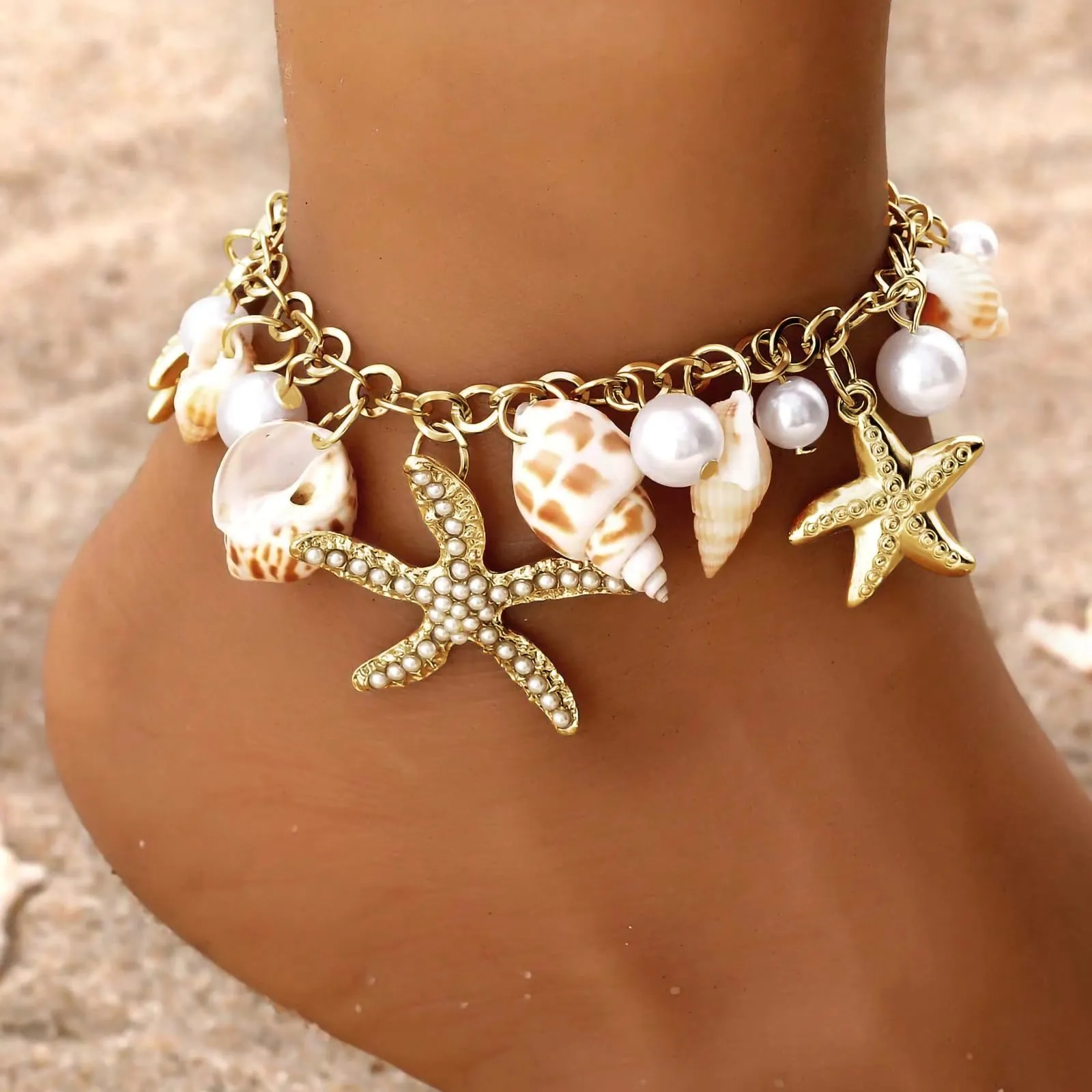 Shell Ankle Bracelet Set for Women, 14K Gold Boho Bead Adjustable Anklet, Hawaiian Beach Seashell Pearl Heart Starfish Conch Foot Jewelry Gifts