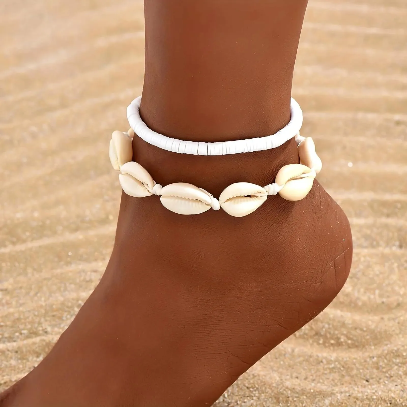 Shell Ankle Bracelet Set for Women, 14K Gold Boho Bead Adjustable Anklet, Hawaiian Beach Seashell Pearl Heart Starfish Conch Foot Jewelry Gifts