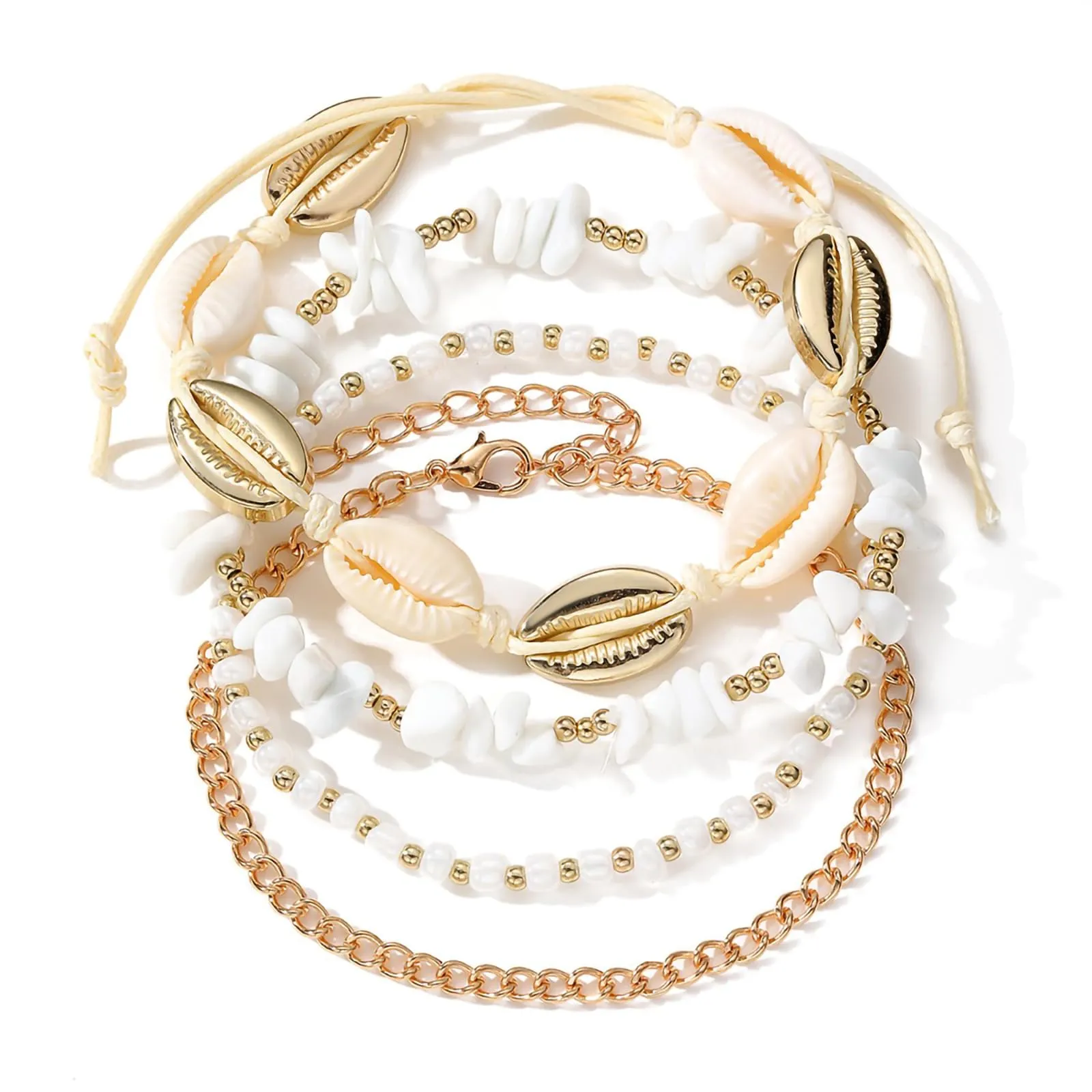 Shell Ankle Bracelet Set for Women, 14K Gold Boho Bead Adjustable Anklet, Hawaiian Beach Seashell Pearl Heart Starfish Conch Foot Jewelry Gifts