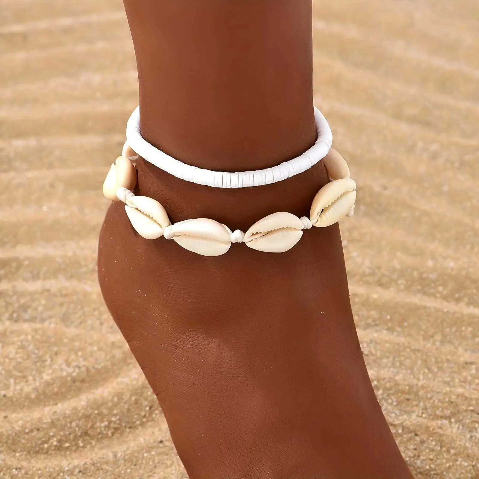Shell Ankle Bracelet Set for Women, 14K Gold Boho Bead Adjustable Anklet, Hawaiian Beach Seashell Pearl Heart Starfish Conch Foot Jewelry Gifts