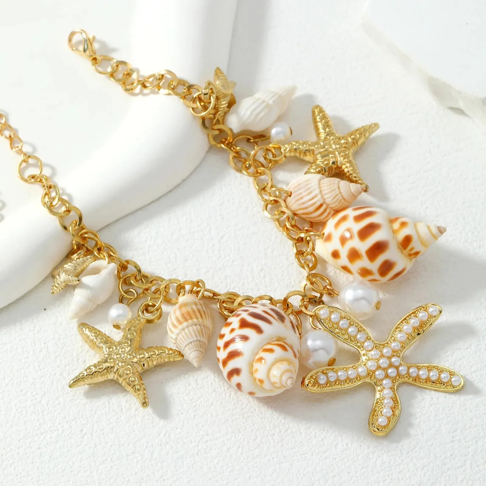 Shell Ankle Bracelet Set for Women, 14K Gold Boho Bead Adjustable Anklet, Hawaiian Beach Seashell Pearl Heart Starfish Conch Foot Jewelry Gifts