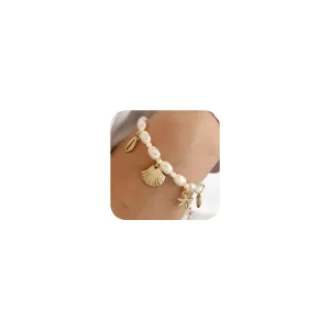 Shell Ankle Bracelet Set for Women, 14K Gold Boho Bead Adjustable Anklet, Hawaiian Beach Seashell Pearl Heart Starfish Conch Foot Jewelry Gifts
