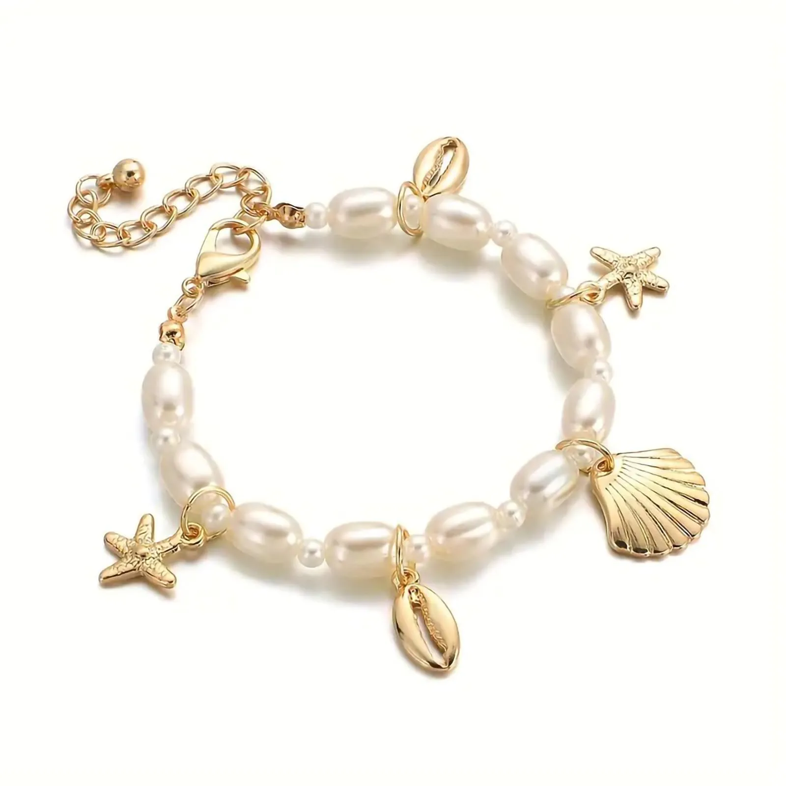 Shell Ankle Bracelet Set for Women, 14K Gold Boho Bead Adjustable Anklet, Hawaiian Beach Seashell Pearl Heart Starfish Conch Foot Jewelry Gifts