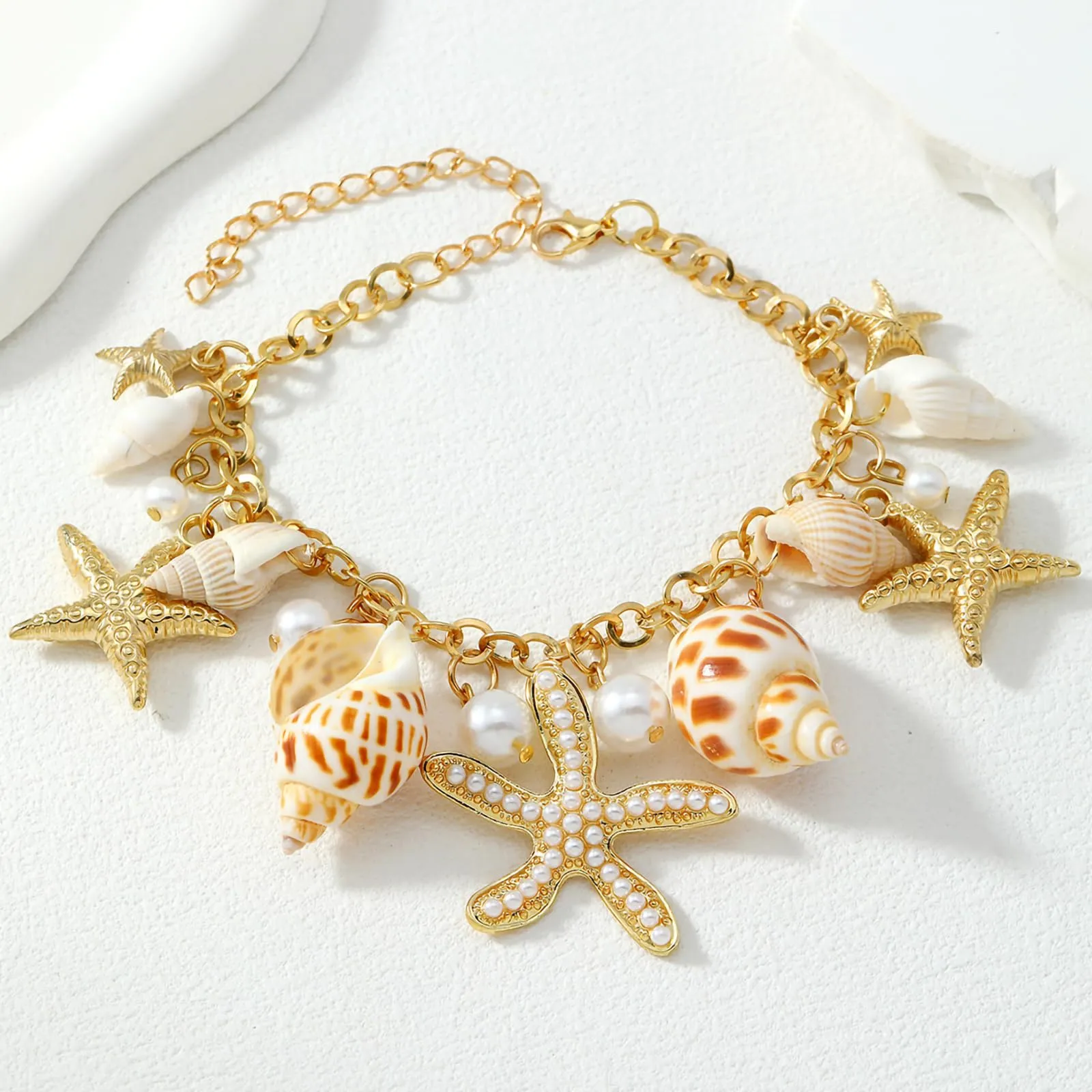 Shell Ankle Bracelet Set for Women, 14K Gold Boho Bead Adjustable Anklet, Hawaiian Beach Seashell Pearl Heart Starfish Conch Foot Jewelry Gifts