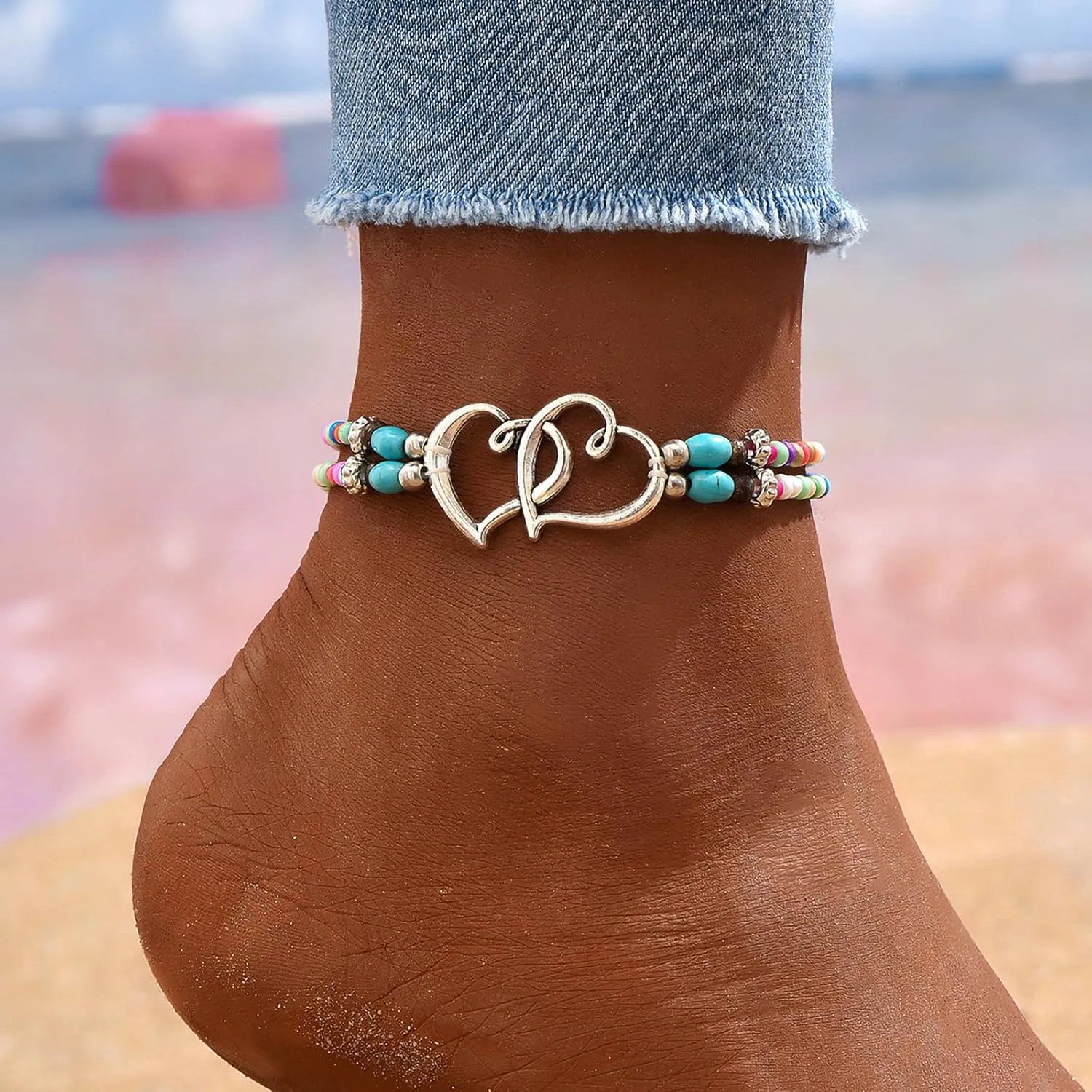 Shell Ankle Bracelet Set for Women, 14K Gold Boho Bead Adjustable Anklet, Hawaiian Beach Seashell Pearl Heart Starfish Conch Foot Jewelry Gifts