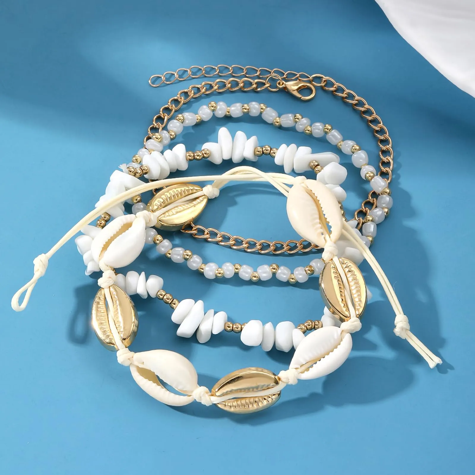 Shell Ankle Bracelet Set for Women, 14K Gold Boho Bead Adjustable Anklet, Hawaiian Beach Seashell Pearl Heart Starfish Conch Foot Jewelry Gifts