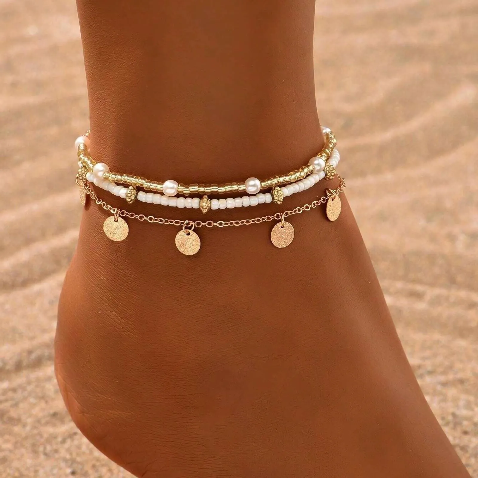 Shell Ankle Bracelet Set for Women, 14K Gold Boho Bead Adjustable Anklet, Hawaiian Beach Seashell Pearl Heart Starfish Conch Foot Jewelry Gifts