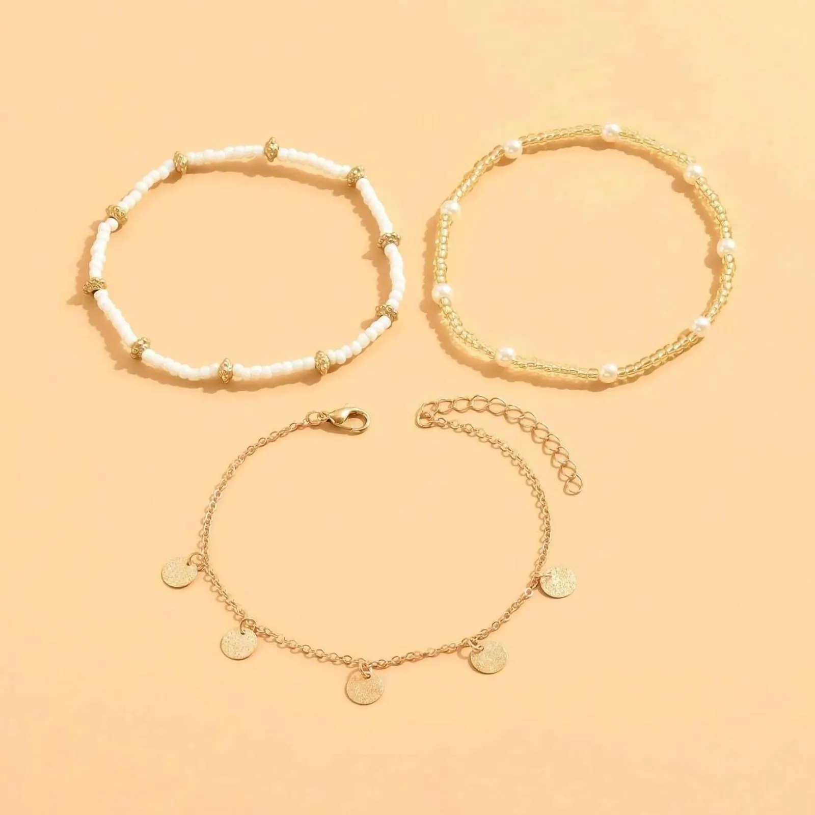 Shell Ankle Bracelet Set for Women, 14K Gold Boho Bead Adjustable Anklet, Hawaiian Beach Seashell Pearl Heart Starfish Conch Foot Jewelry Gifts