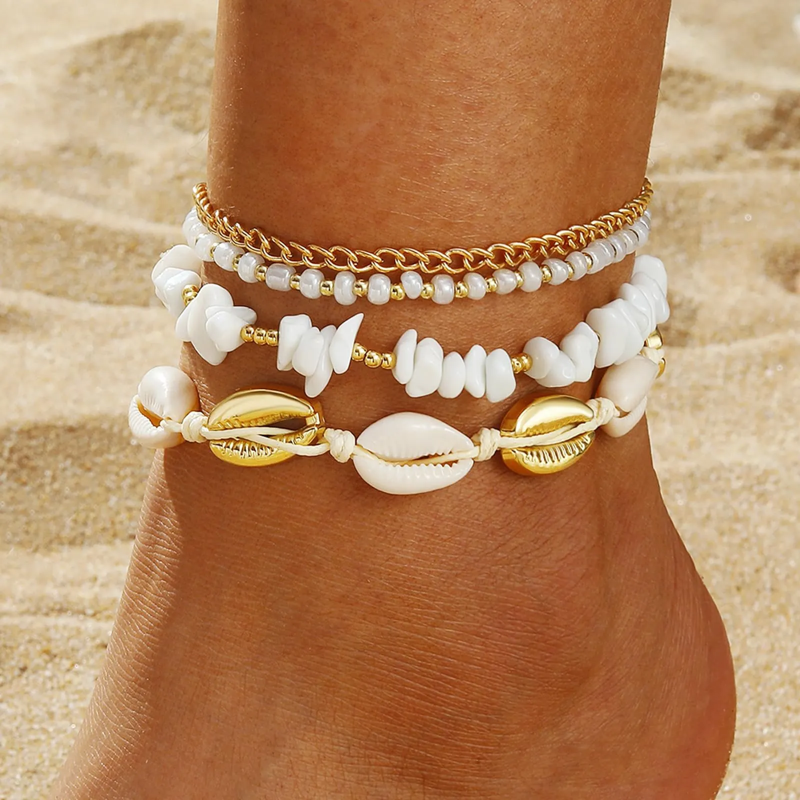 Shell Ankle Bracelet Set for Women, 14K Gold Boho Bead Adjustable Anklet, Hawaiian Beach Seashell Pearl Heart Starfish Conch Foot Jewelry Gifts