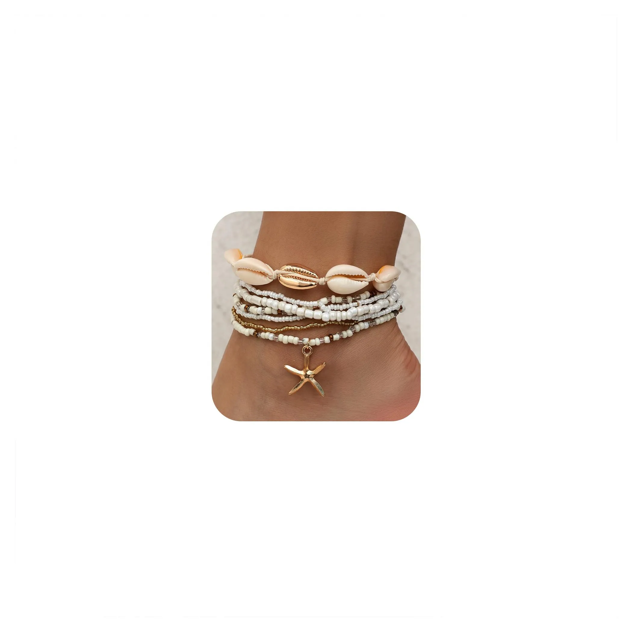 Shell Ankle Bracelet Set for Women, 14K Gold Boho Bead Adjustable Anklet, Hawaiian Beach Seashell Pearl Heart Starfish Conch Foot Jewelry Gifts