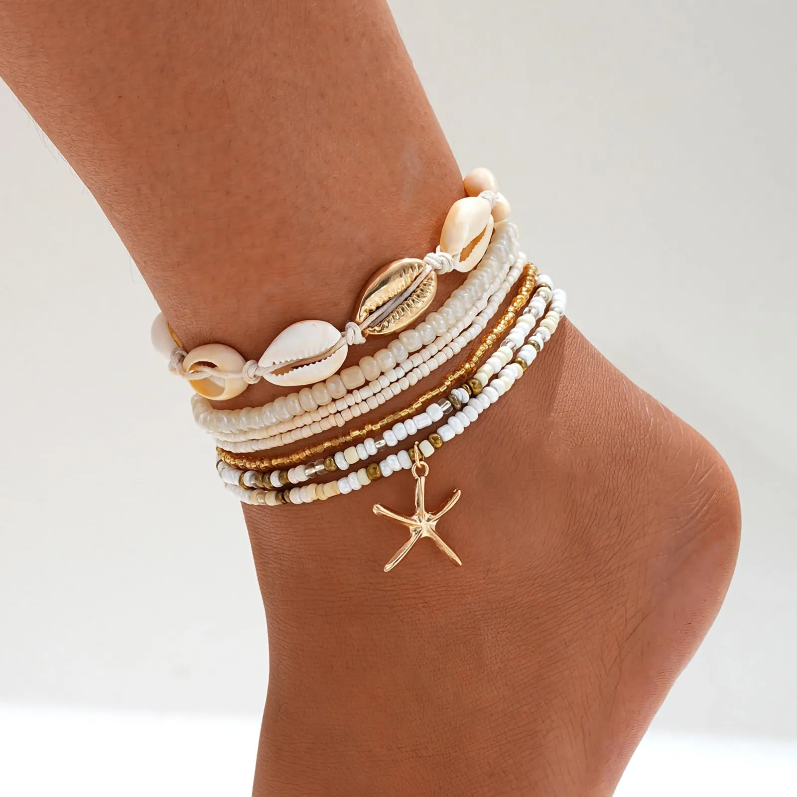 Shell Ankle Bracelet Set for Women, 14K Gold Boho Bead Adjustable Anklet, Hawaiian Beach Seashell Pearl Heart Starfish Conch Foot Jewelry Gifts