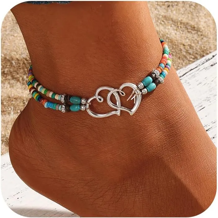 Shell Ankle Bracelet Set for Women, 14K Gold Boho Bead Adjustable Anklet, Hawaiian Beach Seashell Pearl Heart Starfish Conch Foot Jewelry Gifts
