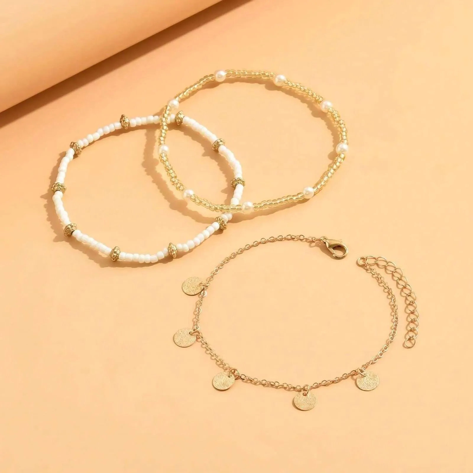 Shell Ankle Bracelet Set for Women, 14K Gold Boho Bead Adjustable Anklet, Hawaiian Beach Seashell Pearl Heart Starfish Conch Foot Jewelry Gifts