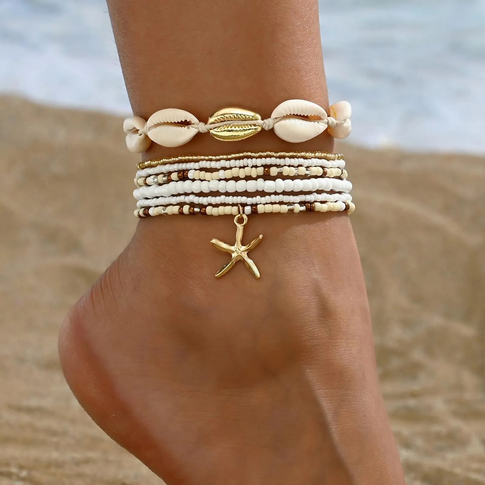 Shell Ankle Bracelet Set for Women, 14K Gold Boho Bead Adjustable Anklet, Hawaiian Beach Seashell Pearl Heart Starfish Conch Foot Jewelry Gifts