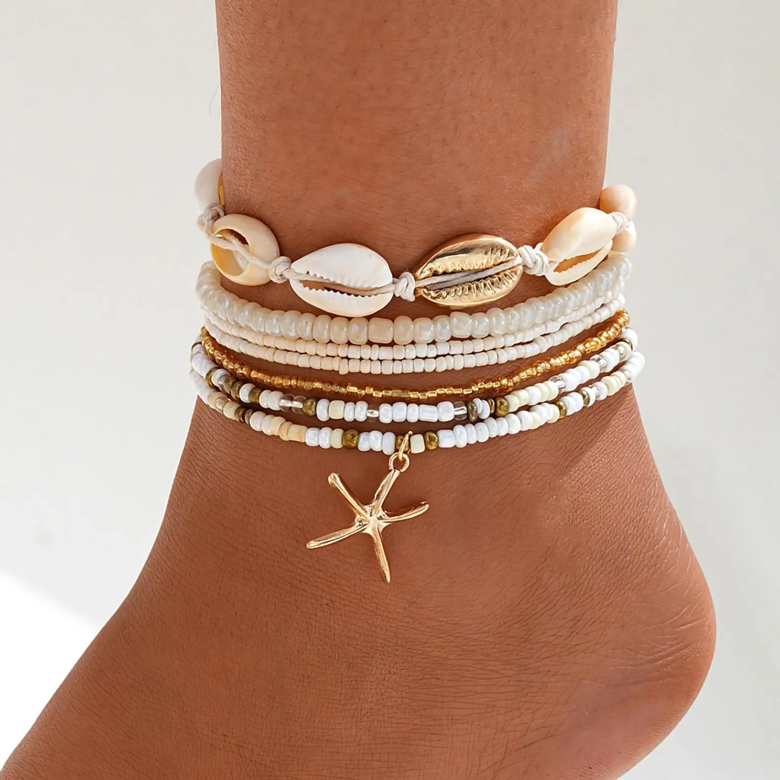 Shell Ankle Bracelet Set for Women, 14K Gold Boho Bead Adjustable Anklet, Hawaiian Beach Seashell Pearl Heart Starfish Conch Foot Jewelry Gifts