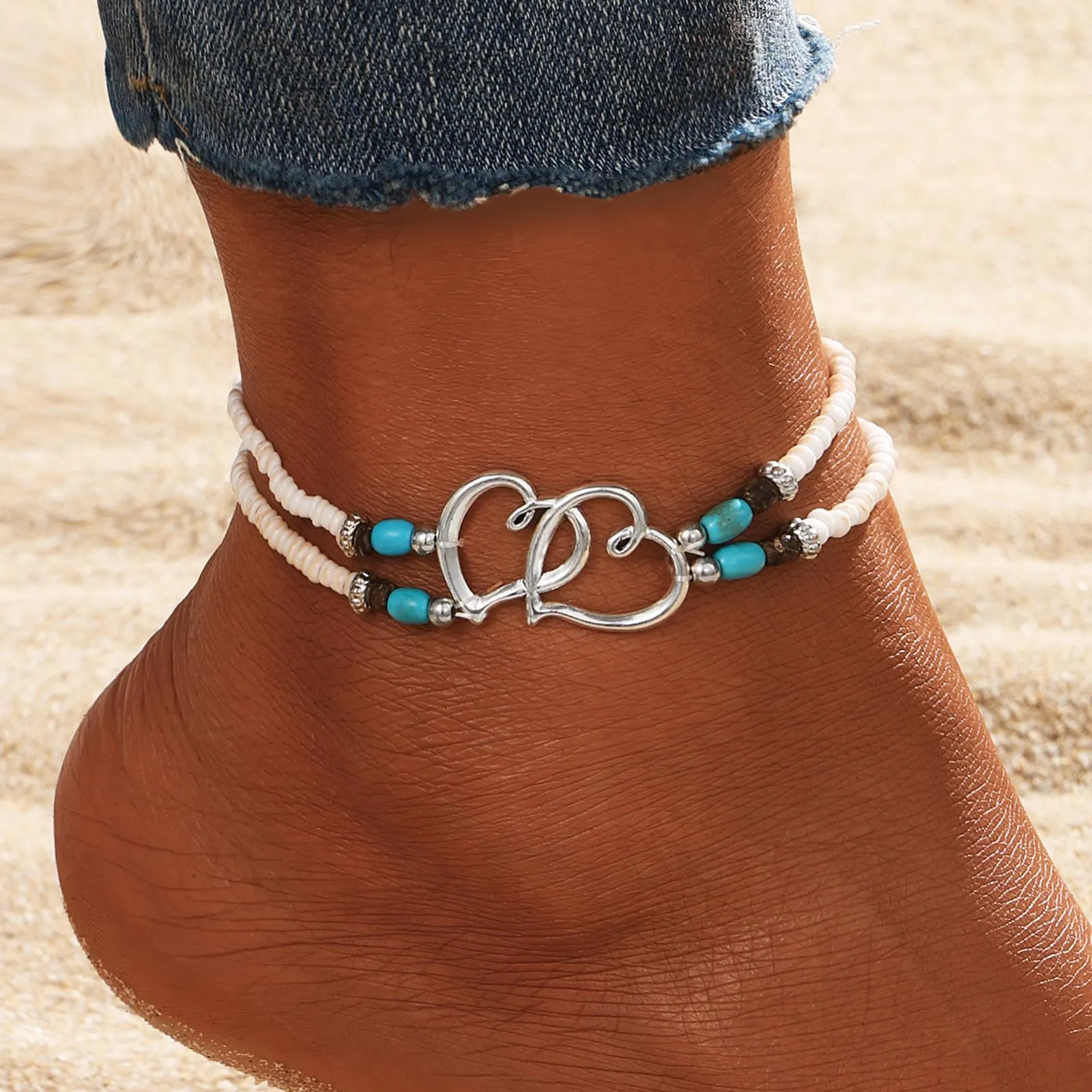 Shell Ankle Bracelet Set for Women, 14K Gold Boho Bead Adjustable Anklet, Hawaiian Beach Seashell Pearl Heart Starfish Conch Foot Jewelry Gifts