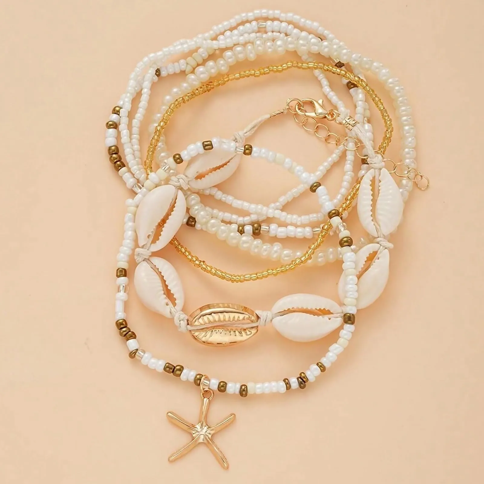 Shell Ankle Bracelet Set for Women, 14K Gold Boho Bead Adjustable Anklet, Hawaiian Beach Seashell Pearl Heart Starfish Conch Foot Jewelry Gifts