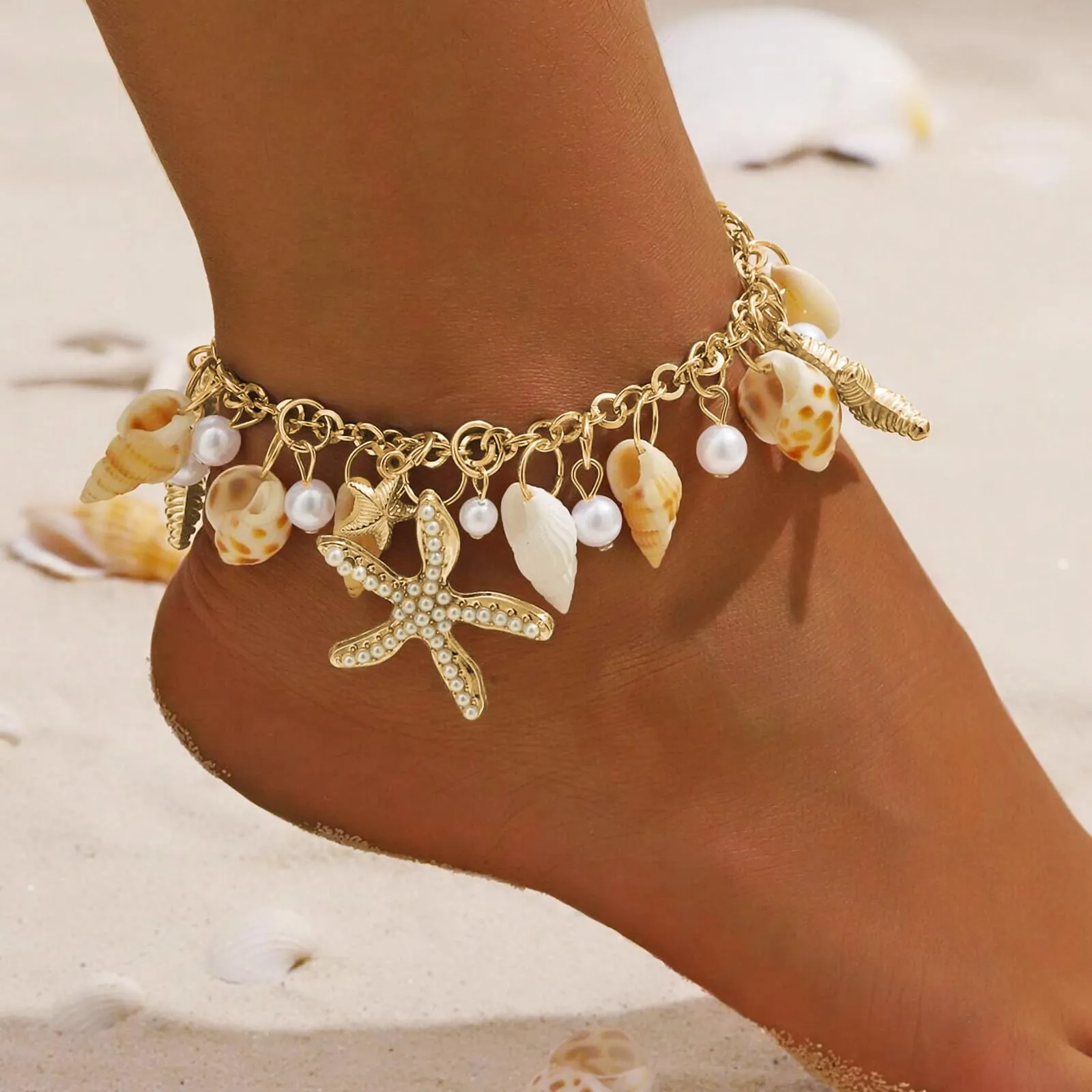 Shell Ankle Bracelet Set for Women, 14K Gold Boho Bead Adjustable Anklet, Hawaiian Beach Seashell Pearl Heart Starfish Conch Foot Jewelry Gifts