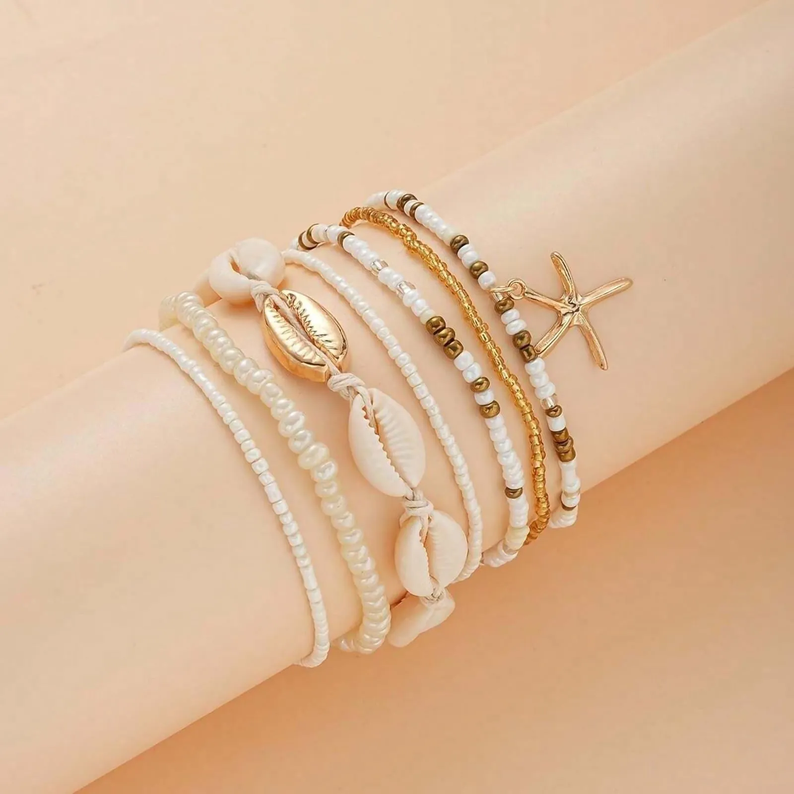 Shell Ankle Bracelet Set for Women, 14K Gold Boho Bead Adjustable Anklet, Hawaiian Beach Seashell Pearl Heart Starfish Conch Foot Jewelry Gifts