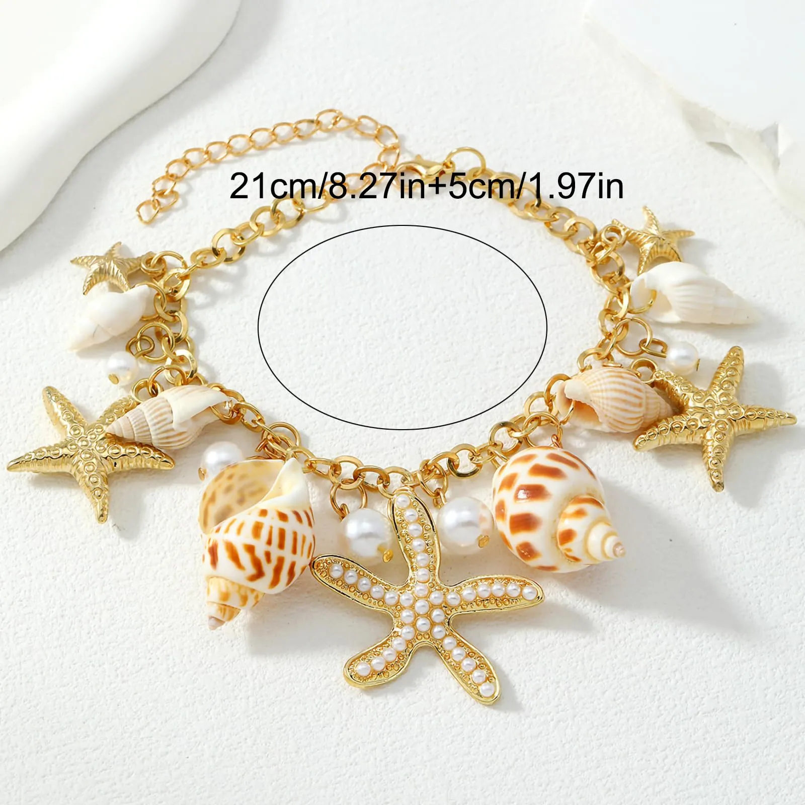 Shell Ankle Bracelet Set for Women, 14K Gold Boho Bead Adjustable Anklet, Hawaiian Beach Seashell Pearl Heart Starfish Conch Foot Jewelry Gifts