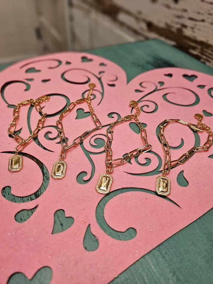 Shiny Gold Paperclip Chain w Crystal Edged Initial Emerald Plate Bracelet JM6580B