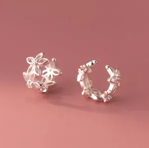 Silver Flower Cuff/Solid Silver Cuff/Ear Climber Cuff Earrings-SS063