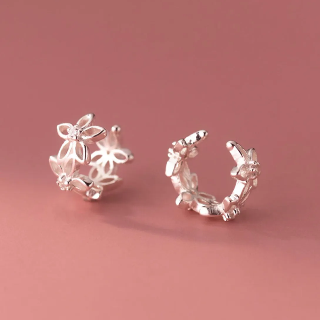 Silver Flower Cuff/Solid Silver Cuff/Ear Climber Cuff Earrings-SS063