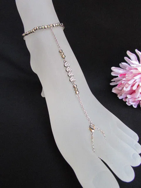 Silver Metal Casual Trendy Anklet Foot Thin Chain Small hearts Clear Rhinestones