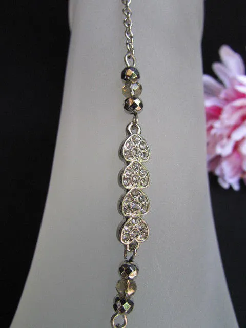 Silver Metal Casual Trendy Anklet Foot Thin Chain Small hearts Clear Rhinestones