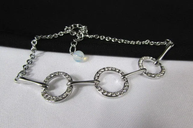 Silver Metal Thin Chains Anklet Foot Round Circle Rhinestones Beach Pool Party Accessories