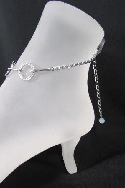 Silver Metal Thin Chains Anklet Foot Round Circle Rhinestones Beach Pool Party Accessories